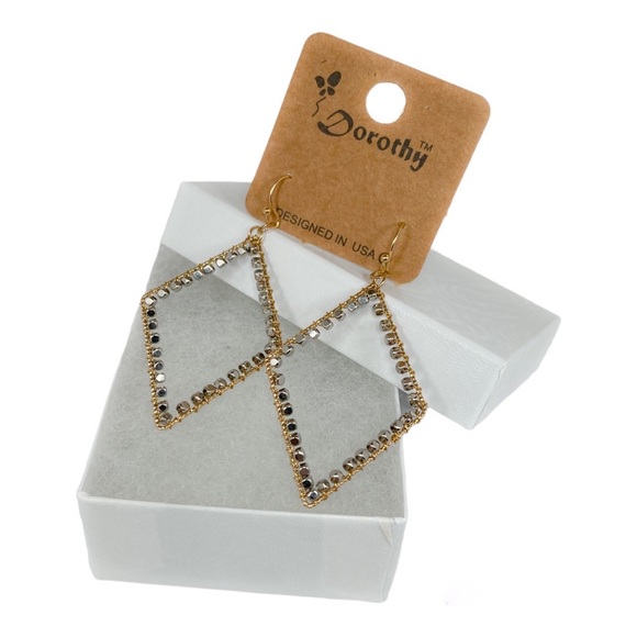 Gold Dangle Diamond Shape Earrings with Silver Beads - Picture 2 of 2